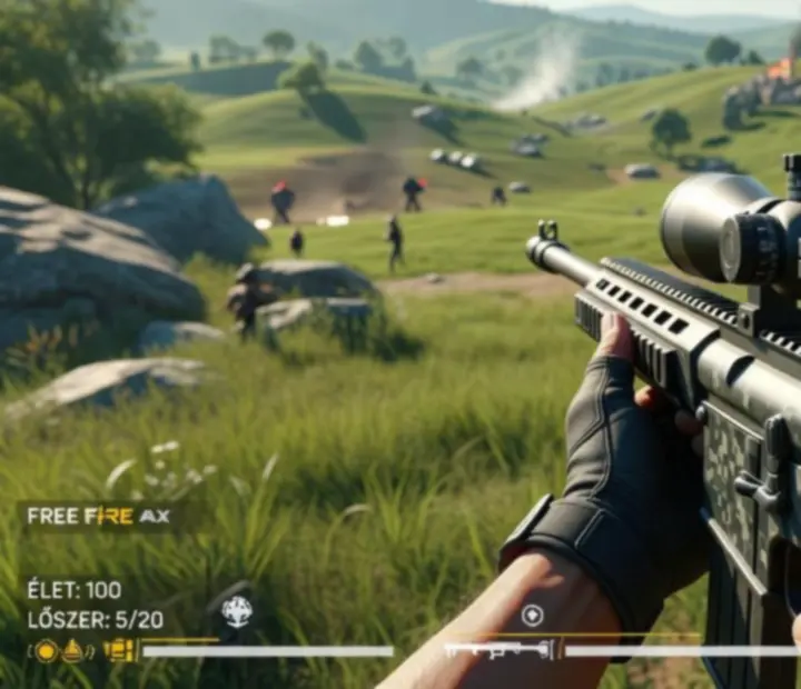 Sniper rifle HUD Free Fire MAX-ben, célkereszt és magyar HUD-elemek Ultra-HD felbontáson