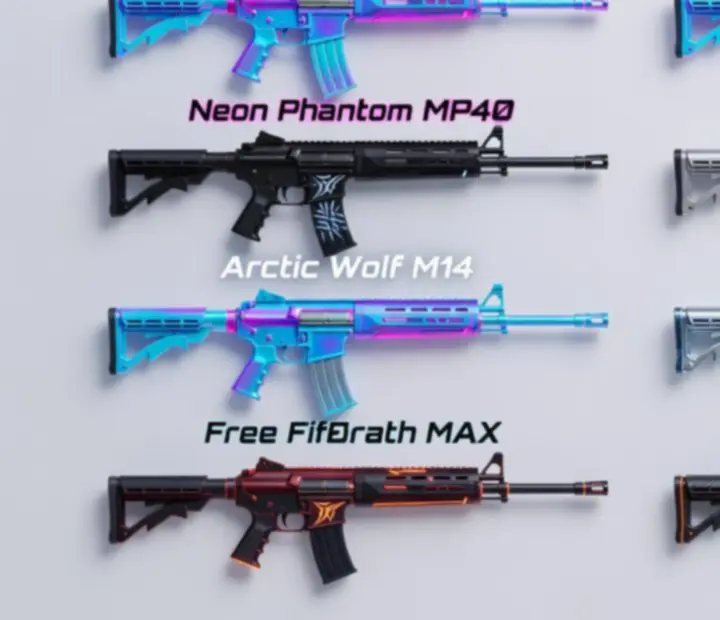 Free Fire MAX fegyverskin galéria Ultra-HD minőségben, különböző assault rifle, shotgun és sniper skinekkel